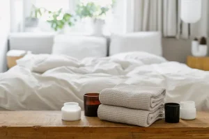 Two folded towels and several candles sit on a wooden table in front of an unmade bed with white bedding in a bright, airy bedroom.