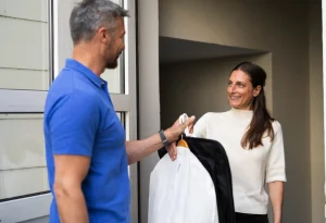 A man in a blue shirt hands a garment bag to a smiling woman standing at an open doorway.