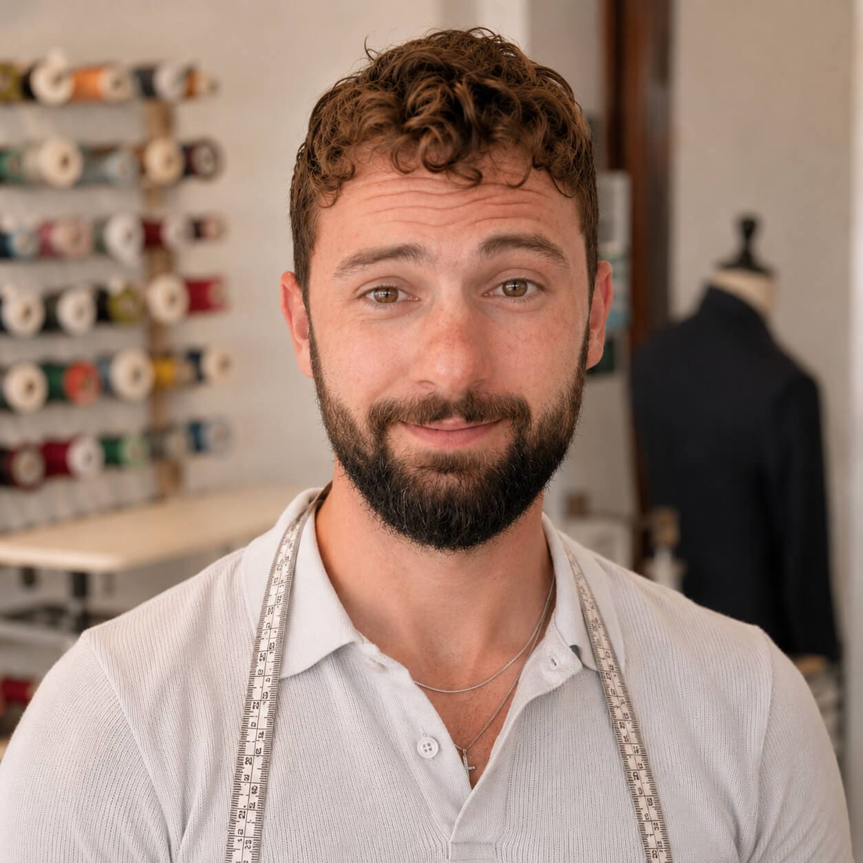 A man with curly hair and a beard stands indoors, wearing a tape measure around his neck and a light-colored polo. Spools of thread and a mannequin are visible in the background.